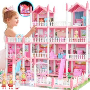 Big Doll House Girl Toys Dream Dollhouse 4-Story 15 Rooms Playhouse with 3 Dolls, Lights, Furniture and Accessories, Pretend Play Toddler Doll Houses for Kids 6 7 8+ Year Old Gift