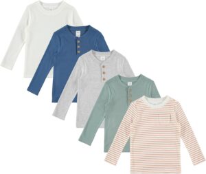 Cudlie 5-Pack Baby/Toddler Boy Long Sleeve Shirt – Basic Tshirt Tops, Light Undershirt – Solid & Striped Tees for Boys