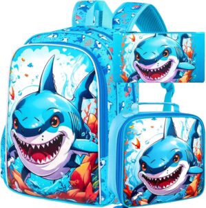 3PCS Dinosaur Backpack for Boys, 16 Inch Kids Water Resistant Preschool Elementary Kindergarten Bookbags and Lunch Box