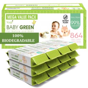 Yugi Green Baby Wipes Unscented Compostable Biodegradable and Organic– Value Pack (12 Packs of 72) 864 for Sensitive Skin & Nose