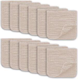 Muslin Burp Cloths Large 100% Cotton Hand Washcloths for Boys & Girls, Baby Essentials Extra Absorbent and Soft Burping Rags for Newborn Registry (Brown, 12-Pack, 20″ X10″)