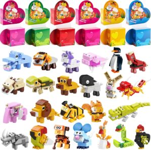 JOYIN 24 Packs Valentines Animal Building Blocks with Hearts Party Favors for Kids Valentine Classroom Prize, Classroom Gift Exchange School Rewards