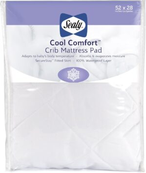 Sealy Baby Cool Comfort Fitted Waterproof Infant Cooling Crib Mattress Protector Pad and Toddler Bed Cover, Durable and Comfortable Topper, Machine Washable and Dryer Friendly, 52” x 28”- White