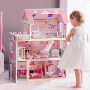 ROBOTIME Wooden Dollhouse, Doll Houses Playset with 24 Pcs Furniture for 4, 5, 6-Inch Dolls, Dollhouse Gift for 3+ Year Old Girls (Pink)