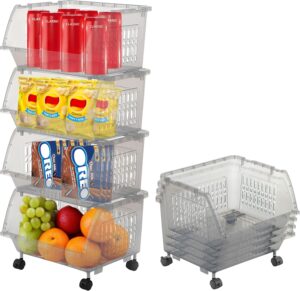 Skywin Plastic Stackable Bins – 4 Pack Large Stacking Bins Open Front For Toy Organizers and Storage Bins For Pantry, Kitchen, and Bathroom Essentials (Light Grey)