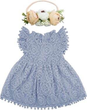 BGFKS Baby Girl Tutu Dress Elegant Lace Pom Pom Flutter Sleeve with Flower Headband Set