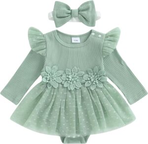Hnyenmcko Newborn Baby Girl Romper Dress Long Sleeve 3D Flower Embroidery Tulle Dresses Jumpsuit Fall Winter Outfits Set