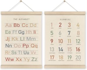 HRQKO Alphabet Numbers Poster Hanger Frame Set of 2, Nursery Wall Decor, ABC Banner Poster Wall Art with Wooden Frames, Alphabet Banner Wall Hanging Decor for Toddler Playroom Nursery, 12×16 Inch
