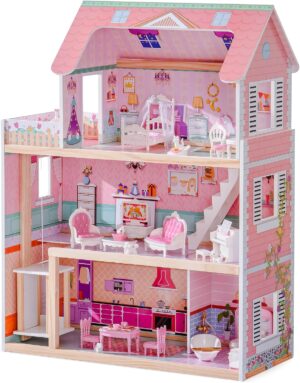 ROBUD Wooden Dollhouse, Doll House Playset with 24-pcs Exquisite Accessories, Working Elevator, Gift for Ages 3+