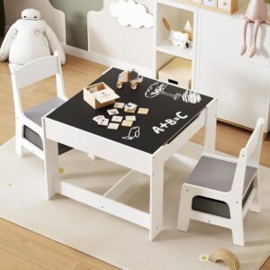 Toddler Table and Chair Set, 4 in 1 Montessori Kids Desk and Chair Set, Multifunctional Study Desk, Toy Table, Dining Table, with Storage, Dual-Sided Whiteboard & Blackboard, Child-Safe Design, Grey