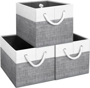 Fab totes Storage Bins [3-Pack], Foldable Storage Baskets for Organizing Toys, Books, Shelves, Closet, Large Storage Box with Rope Handles, Sturdy Organizer Bins, White & Grey