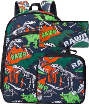 3PCS Dinosaur Backpack for Boys, 16 Inch Kids Water Resistant Preschool Elementary Kindergarten Bookbags and Lunch Box