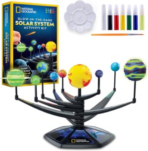 National Geographic Glow-in-The-Dark Solar System Model Kit for Kids – Build & Paint a 3D Planetary Model with Movable Arms, STEM Projects for Kids Ages 8-12, Space Themed Bedroom Decor