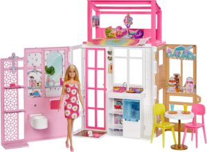 Barbie Dollhouse Playset Doll & House with 2 Levels & 4 Play Areas, Fully Furnished, with Pet Puppy & Accessories, Gift for Kids 3 Years Old and Up, HCD48