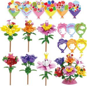24PCS Valentine’s Day Cards with Flower Bouquets Building Blocks Classroom Valentines Cards Toys Set for Kids Gifts for Boys and Girls School Class Exchange Prizes Bouquet Building