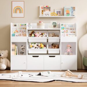 FINETONES 50” Large Toy Organizer with 4 Bins, 6 Cubbies, 2 Drawers – Kids Bookshelf for Playroom Organization, White
