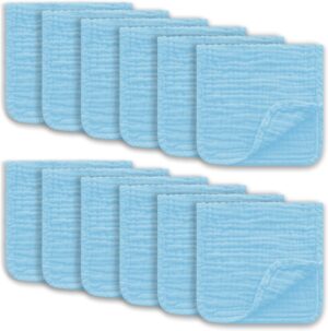 Muslin Burp Cloths Large 100% Cotton Hand Washcloths for Boys & Girls, Baby Essentials Extra Absorbent and Soft Burping Rags for Newborn Registry (Aqua, 12-Pack, 20″ X10″)