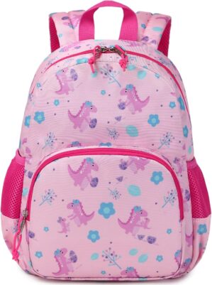 Toddler Backpack for Girls,12.6″ Mini Kids Dinosaur Backpack for Baby Girls, Small Toddler Bookbag with Chest Strap, Preschool & Daycare Backpack for Kids of 1~6 Pink