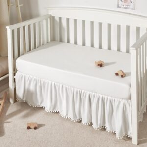 TILLYOU Ruffled Crib Skirt with Pompoms, Microfiber Nursery Crib Toddler Bedding Skirts for Baby Boys Girls, 14” Drop, White