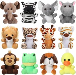 Skylety 12 Pieces Mini Stuffed Animals 4.8 Inch Cute Safari Plush Toys Elephant Lion Giraffe Tiger Puppy Zebra Duck for Jungle Animal Themed Parties Teacher Student Award Prizes