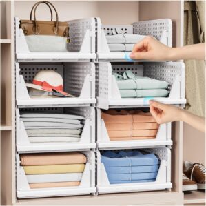 5 Pack Stackable Closet Organizer Box – Stackable Storage Bins, Plastic Storage Basket Foldable Closet Storage Basket for Wardrobe Cupboard Kitchen Bathroom Officem, White