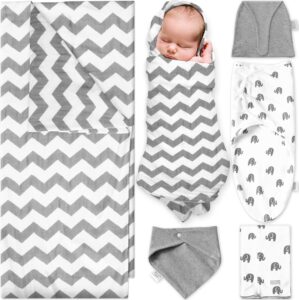 Ocean Drop Designs Receiving Blankets for Boys & Baby Girls – 5pc Set Gender Neutral Baby Clothes Includes Blanket, Hat, Bib, Burp Cloth & Swaddle