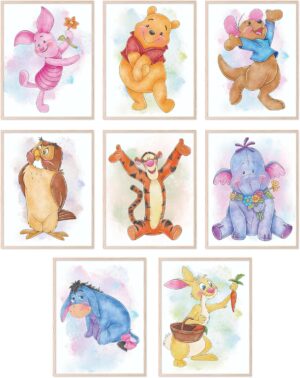 BigWig Prints Winnie the Pooh Nursery Decor – Winnie The Pooh Poster, Baby Shower Decorations, Poo Bear Nursery Decor Wall Art, Piglet, Tigger, Eeyore, Rabbit, Owl, Roo – Set of 8 (8×10) Unframed