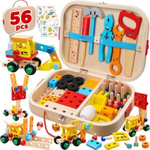 56 Pcs Kids Tool Set for Toddlers, Montessori Educational STEM Toys, Construction Learning Toys with Tool Box, Wooden Building Kit for 3 4 5 6 7 8 9 10 Years Old Boys Girls Birthday Gifts