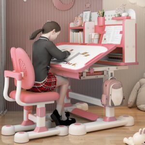 2Pcs Kids Desk and Chair Set,Height Adjustable Children School Study Table Chair Set with Partition Design,Bookstand,Drawer,Ergonomic Desk Chair with Writing Board,Sitting Corrector Pink