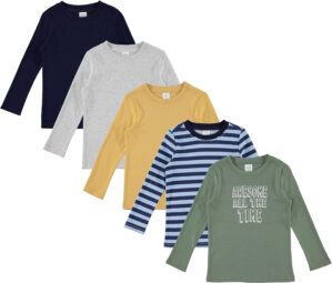 Cudlie 5-Pack Baby/Toddler Boy Long Sleeve Shirt – Basic Tshirt Tops, Light Undershirt – Solid & Striped Tees for Boys