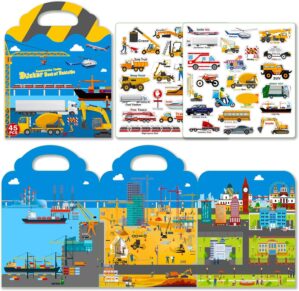 Reusable Sticker Book for Kids 2-4, 45pcs Vehicles Cars 3D Jelly Stickers Toddlers Activity Book for Boys Girls Road Trip Toddler Airplane Train Travel Essentials Toy