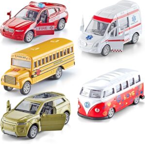 KIDAMI Die-cast Metal Toy Cars Set of 5, Openable Doors, Pull Back Cars Ambulance, Gift Pack for Kids (Official Car Ⅱ)