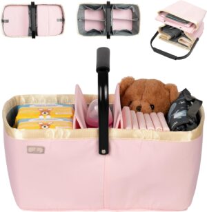 BabbleRoo Diaper Caddy: Large Capacity Diaper Organizer Basket, Perfect for Storing Baby Wipes, Diapers & Baby Essentials. Spacious, Convenient for Parents of Newborn Babies – Pink