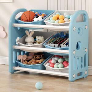 MOUDS Kids Toy Organizers and Storage with 6 Removable Plastic Bins, Multi-Purpose 3-Tier Toy Shelf to Organize Toys for Playroom, Bedroom, Daycare, Nursery