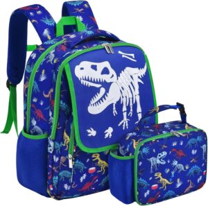 WERNNSAI Luminous Dinosaur Backpack Set for Boys – Boy School Backpack with Lunch Box for Preschool Kindergarten Elementary Jurassic World Bookbag Lightweight Camping Insulated Insulated Lunch Bag