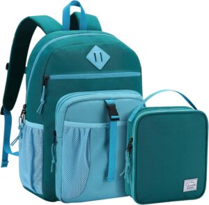 VASCHY Kids Backpack Lunch Bag Set, Girls 2-1 School Bookbag Insulated Lunch Box for Toddlers Preschool,Daycare,Kindergarten,Elementary School Green