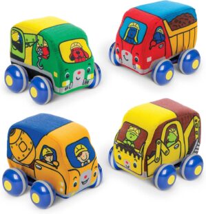 Melissa & Doug Pull-Back Construction Vehicles – Soft Baby Toy Play Set of 4 Vehicles – Cars For Infants, Construction Toys, Pull Back Cars For Babies Ages 9m+