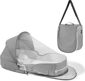 Dr. Pure Portable Baby Bassinet for Travel: Lightweight Foldable Infants Bed Crib for 0-12 Months Newborn with 2-1 Mosquito Netting and Blackout Curtain – Baby Essentials Gift