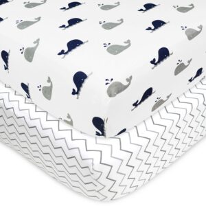 American Baby Company 2 Pack Fitted Crib Sheets 28″ x 52″, Soft Breathable Neutral 100% Cotton Jersey Sheet, Navy Whale/Grey Zigzag, for Boys and Girls, Fits Crib and Toddler Bed mattresses