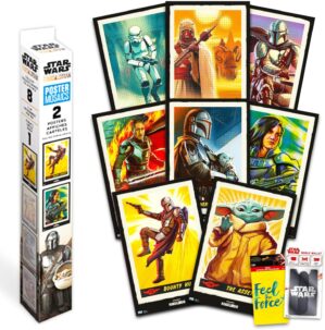 The Mandalorian Mosaic Poster Set ~ 2 Pack Mystery Deluxe Grogu Wall Art Posters, Star Wars Decal Sticker and Star Wars Mobile Wallet | Baby Yoda Room Decor Bundle, 12″ x 18″