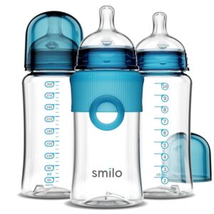 Smilo Baby Bottle Set with Stage 0 Slow Flow Anti Colic Nipple, 10 Oz / 300 ml Capacity, 3X Pack of Anti Colic Baby Bottles 0-3 Months – Aqua Blue