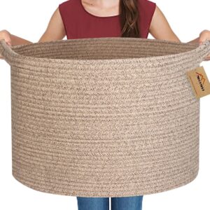 Large Wicker Storage Basket, 22” X 22” X 14” Woven Cotton Rope Basket, Kids Dog Toy Bin Organizer, Blanket Pillow Holder for Living Room, Brown Variegated Wicker Baskets for Organizing