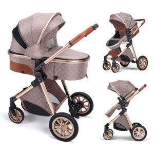 3 in 1 Baby Travel System Infant Baby Stroller Pushchair High Landscape Reversible Foldable Portable Stroller Newborn Pram Reclining Baby Carriage (2in1 Brown)