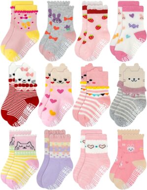 RATIVE Non Skid Anti Slip Cotton Dress Crew Socks With Grips For Baby Infant Toddler Kids Girls