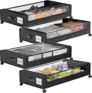 Under Bed Storage with Wheels, 4-Pack Under Bed Storage Containers, XXL 60L Under the bed storage Organizer with Clear Lids – Rolling Drawers & Bins for Clothes,Shoes,Toys,(Black)