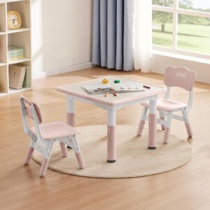 Kids Study Table and Chairs Set, Height Adjustable Toddler Table and Chair Set for Kids Ages 3-8, 23.6″ L x 23.6″ W Graffiti Desktop Plastic Children Art Table with 2 Seats, W-Pink