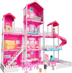 TEMI Villa Toy for 3 4 5 6 Year Old Girls – 4 Storeys 10 Rooms Villa Playset with 2 Doll Toy Figures, Accessories and Furniture, Toddler Home Pretend Kits Gifts for Kids Ages 3 Toys