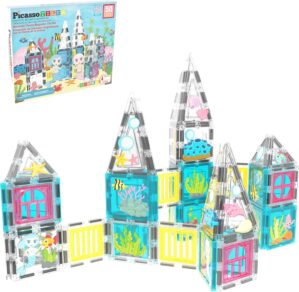 PicassoTiles 50 Piece Magnetic Tiles Mermaid Theme Magnet Building Blocks Toddler Toy Educational STEM Learning Kit Construction Set Pretend Play Preschool Kid Game Toddler Girl Boy Ages 3 & Up PTQ34