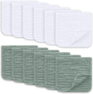 Muslin Burp Cloths Large 100% Cotton Hand Washcloths for Boys & Girls, Baby Essentials Extra Absorbent and Soft Burping Rags for Newborn Registry (White & Green, 12-Pack, 20″ X10″)
