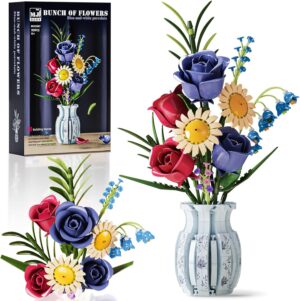 Flowers Bouquet Building Blocks Set with Vase, Roses, Sunflower, Lily of The Valley for Adults, Teen Girls, Botanical Collection Home Décor, Office Decor, Gifts for Valentines Birthdays Mother’s Day